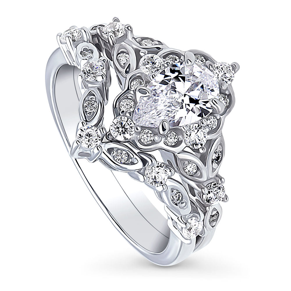 Halo Art Deco Chevron V Shaped CZ Ring Set in Sterling Silver