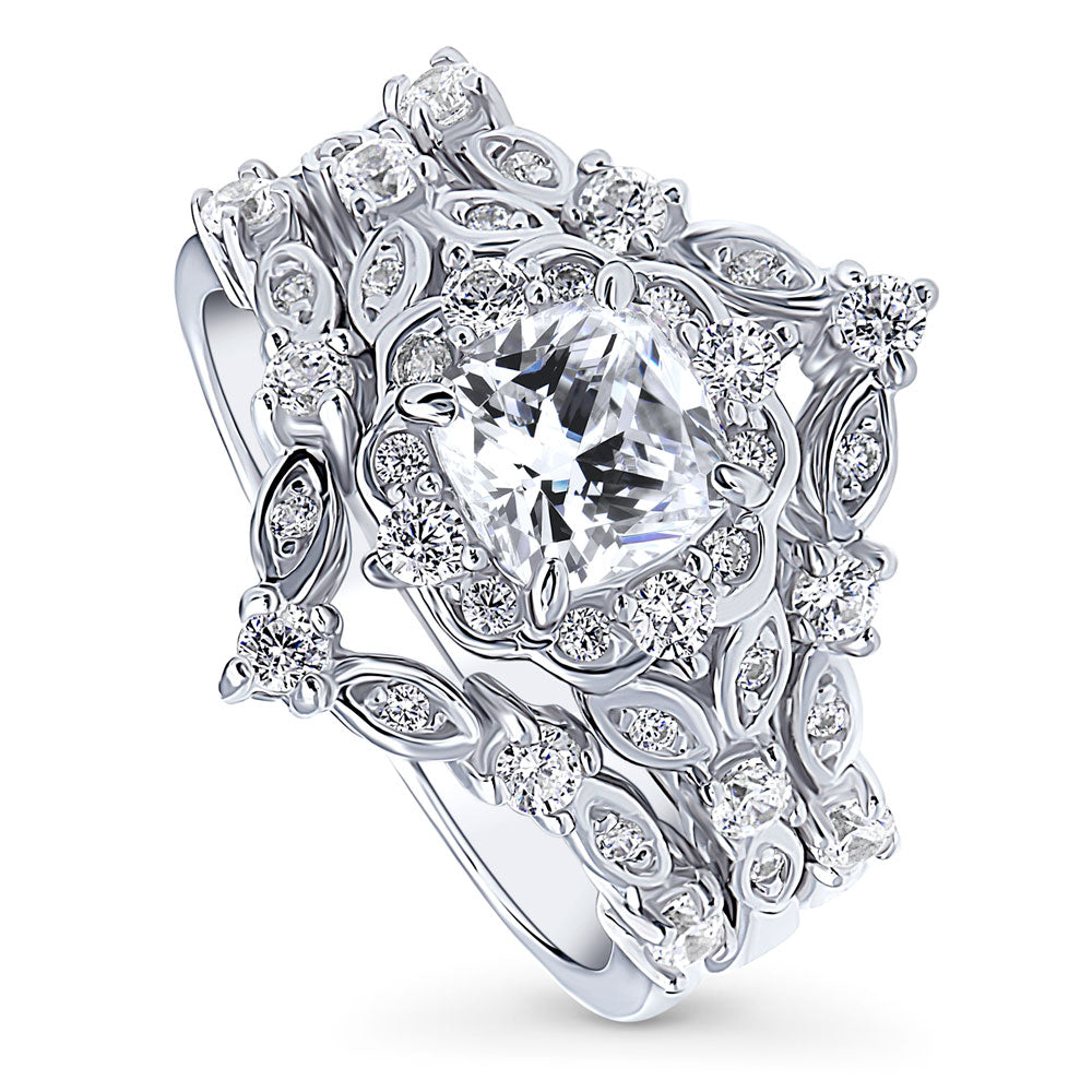 Halo Art Deco Chevron V Shaped CZ Ring Set in Sterling Silver