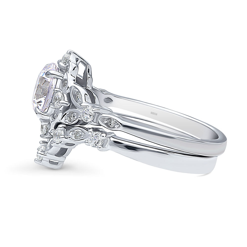 Halo Art Deco Chevron V Shaped CZ Ring Set in Sterling Silver