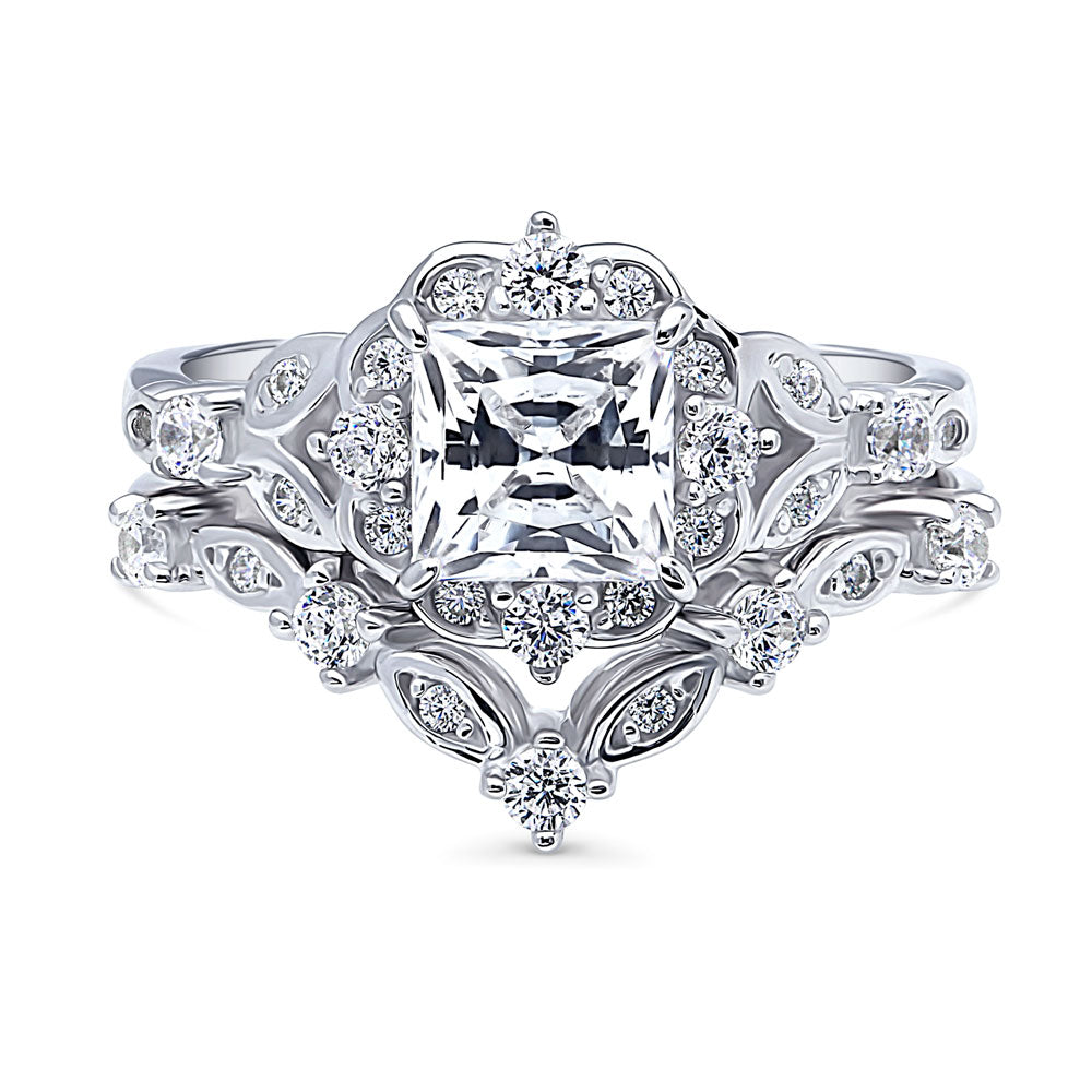 Halo Art Deco Chevron V Shaped CZ Ring Set in Sterling Silver