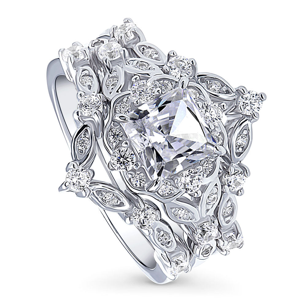 Halo Art Deco Chevron V Shaped CZ Ring Set in Sterling Silver