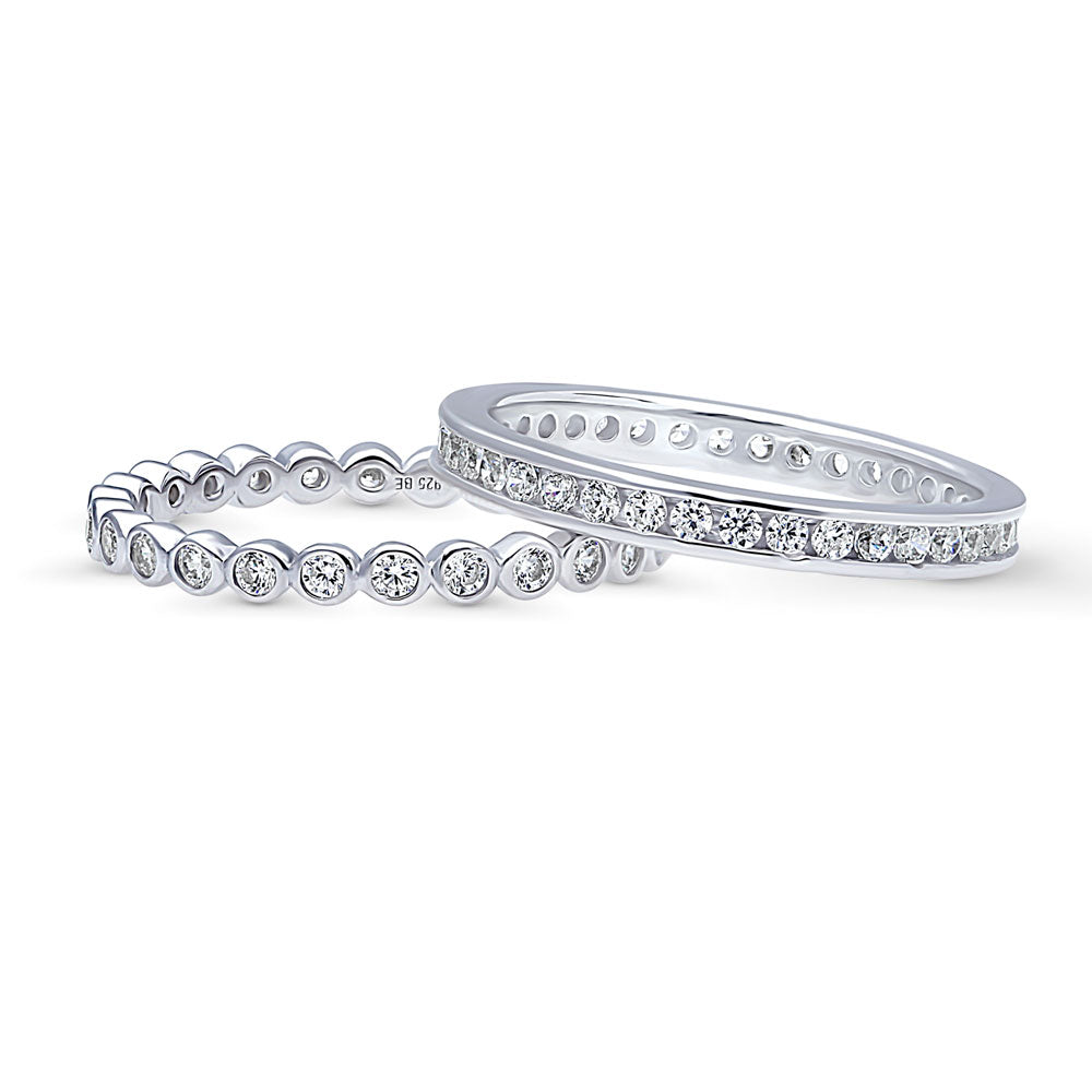 Front view of Bubble Channel Set CZ Eternity Ring Set in Sterling Silver, 3 of 9