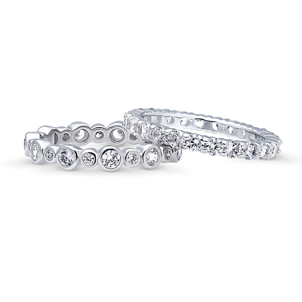 Front view of Bubble Pave Set CZ Eternity Ring Set in Sterling Silver, 3 of 11