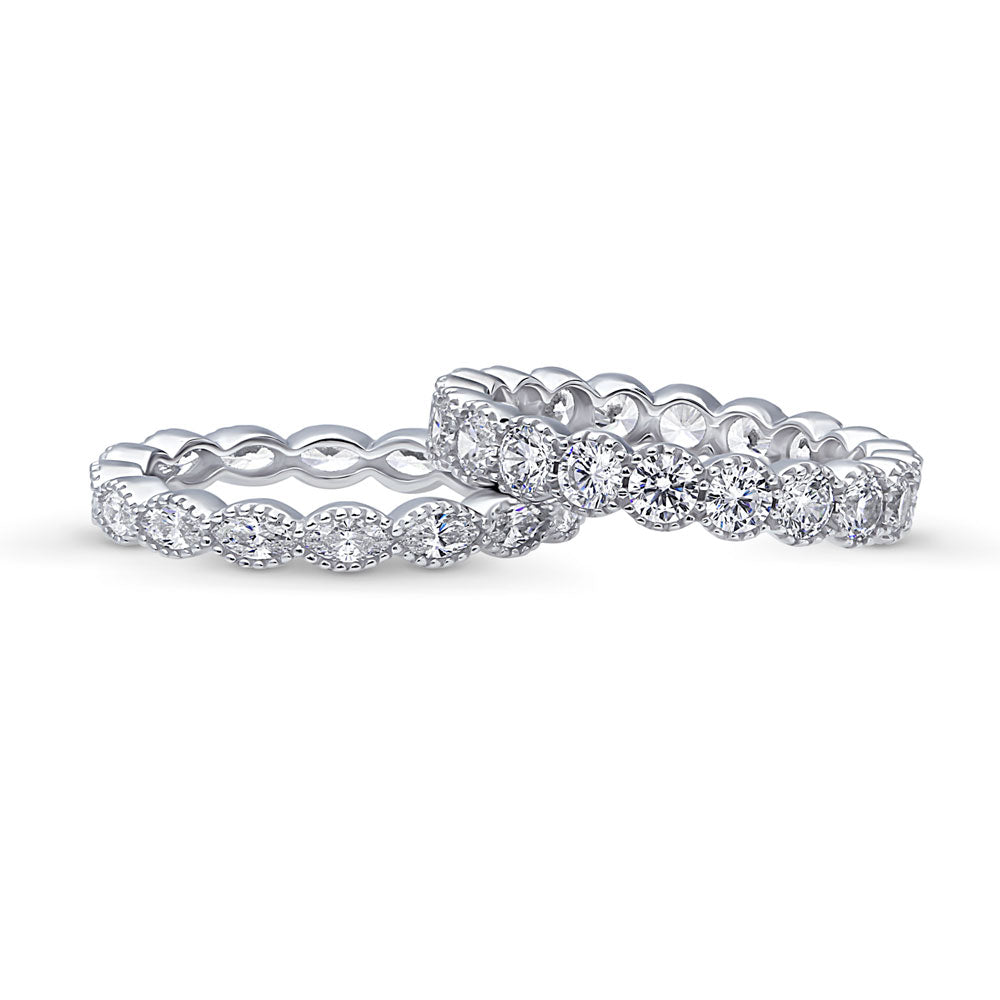 Milgrain Bezel Set CZ Eternity Ring Set in Sterling Silver