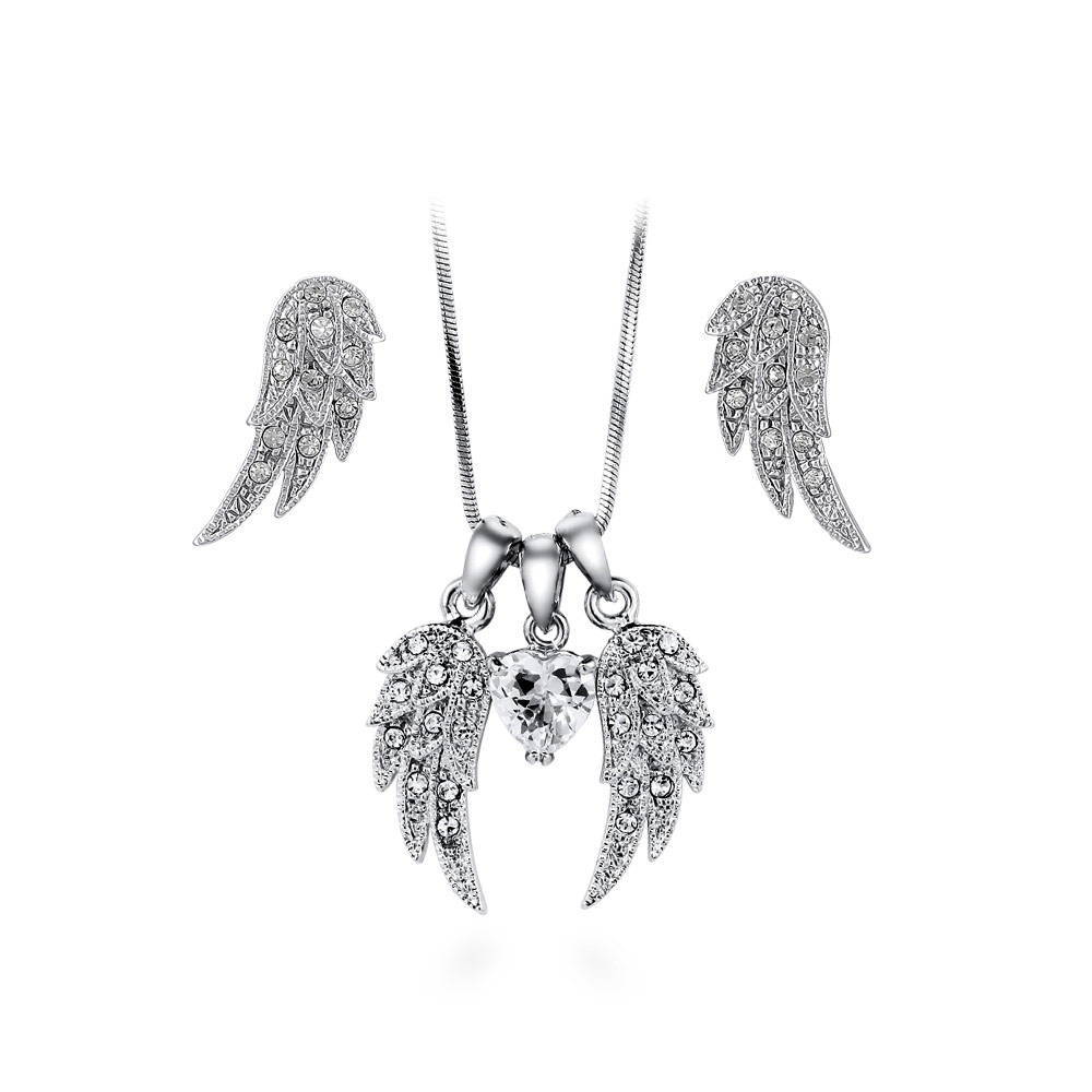 Angel Wings CZ Necklace and Earrings Set in Silver-Tone