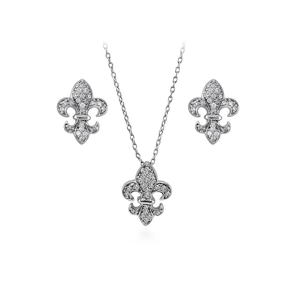 Fleur De Lis CZ Necklace and Earrings Set in Sterling Silver, 1 of 12