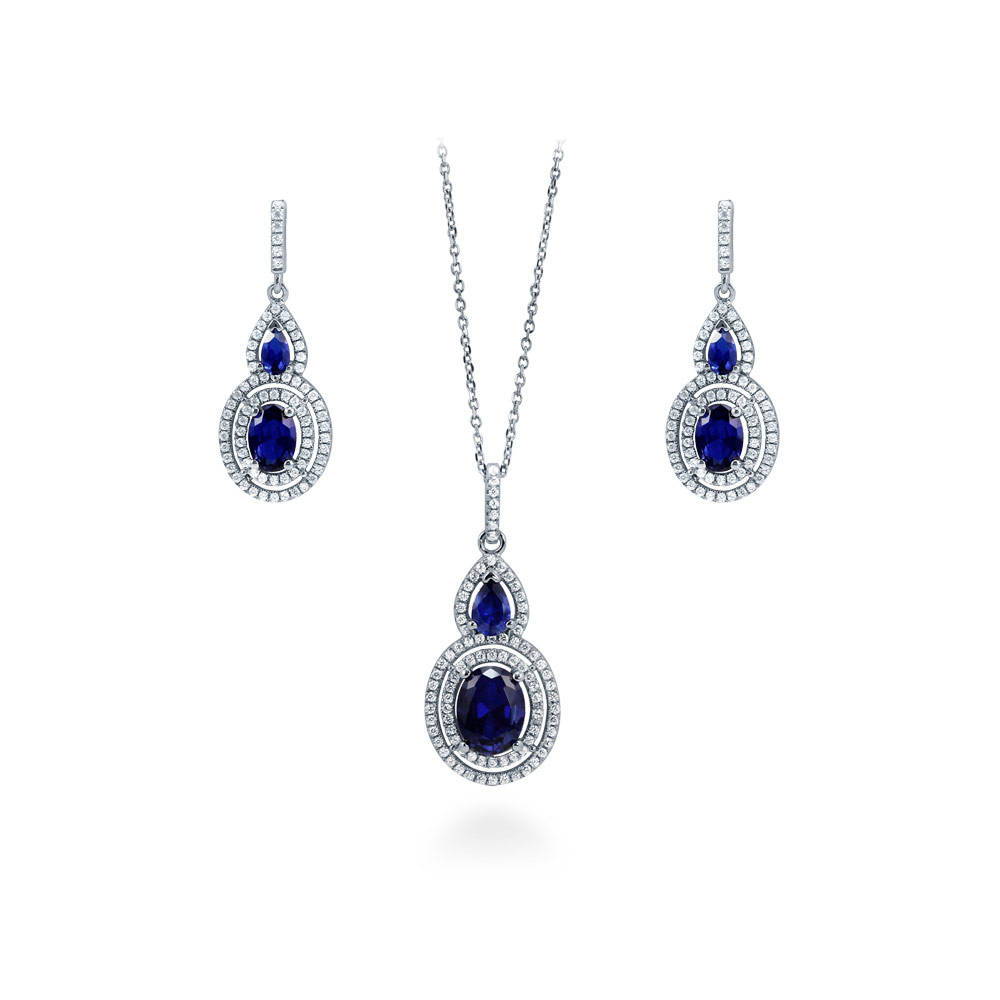Halo Simulated Blue Sapphire Oval CZ Set in Sterling Silver, 1 of 8