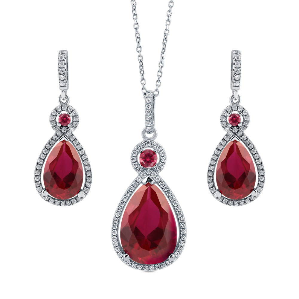 Halo Simulated Ruby Pear CZ Set in Sterling Silver