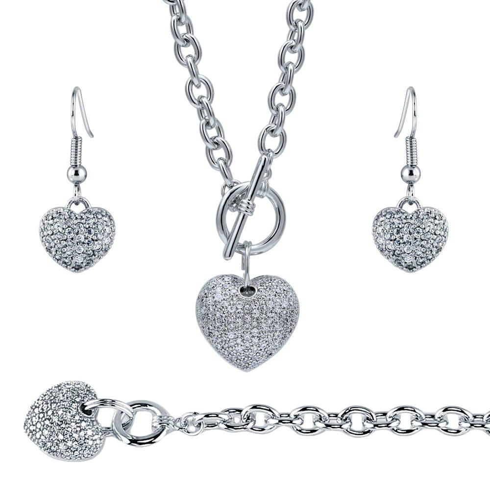 Heart CZ Necklace Earrings and Bracelet Set in Silver-Tone