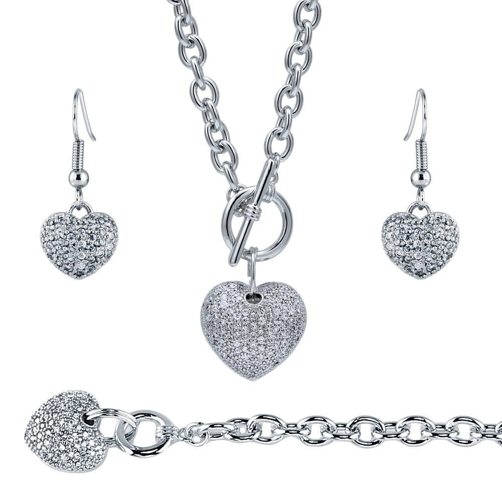 Heart CZ Necklace Earrings and Bracelet Set in Silver-Tone, 1 of 18