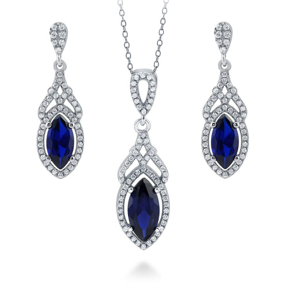 Halo Simulated Blue Sapphire Marquise CZ Set in Sterling Silver, 1 of 8