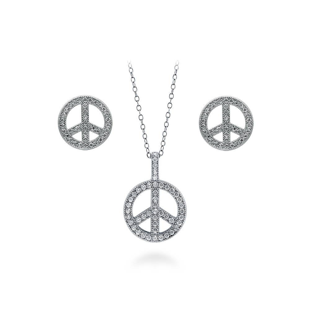 Peace Sign CZ Necklace and Earrings Set in Sterling Silver