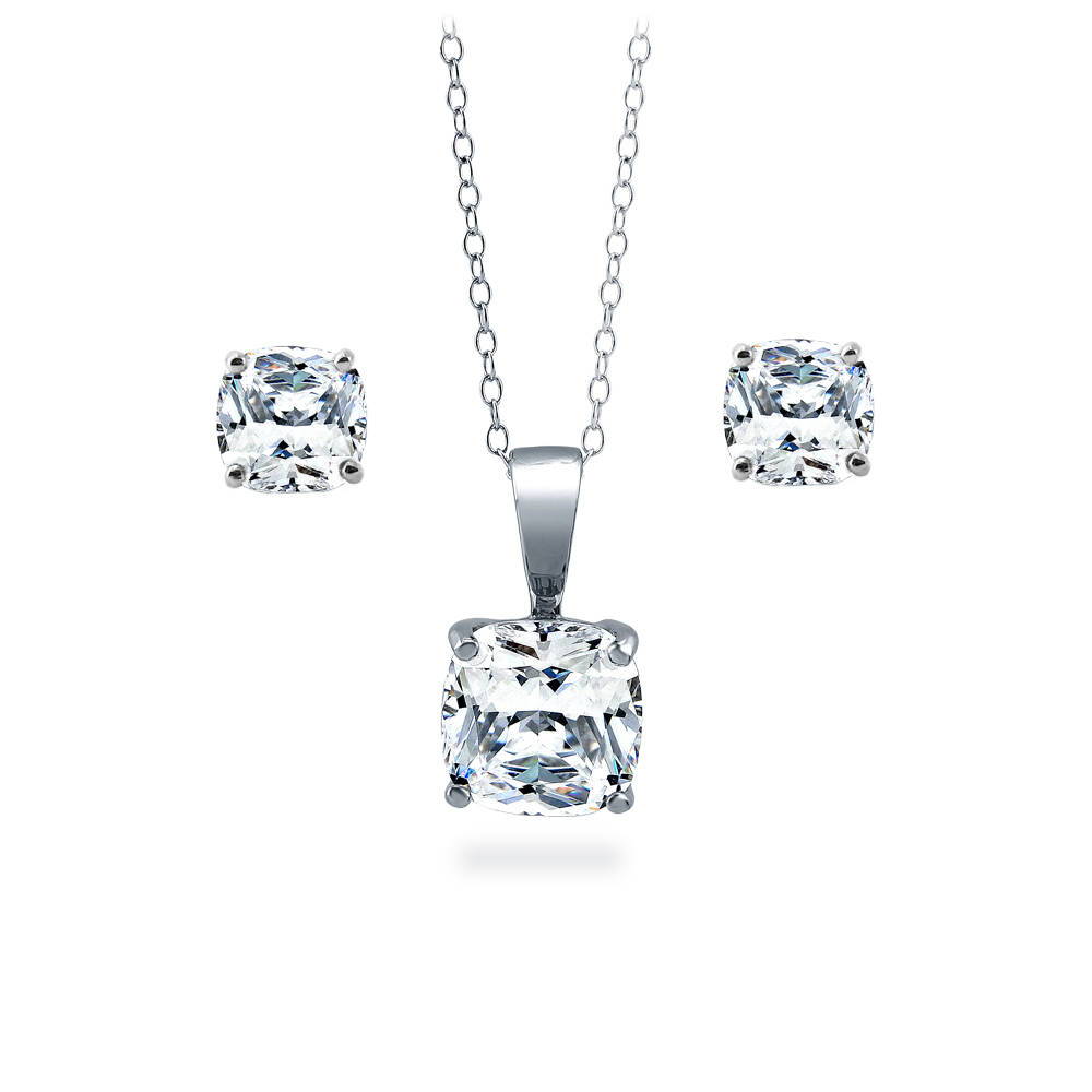 Solitaire Cushion CZ Necklace and Earrings Set in Sterling Silver