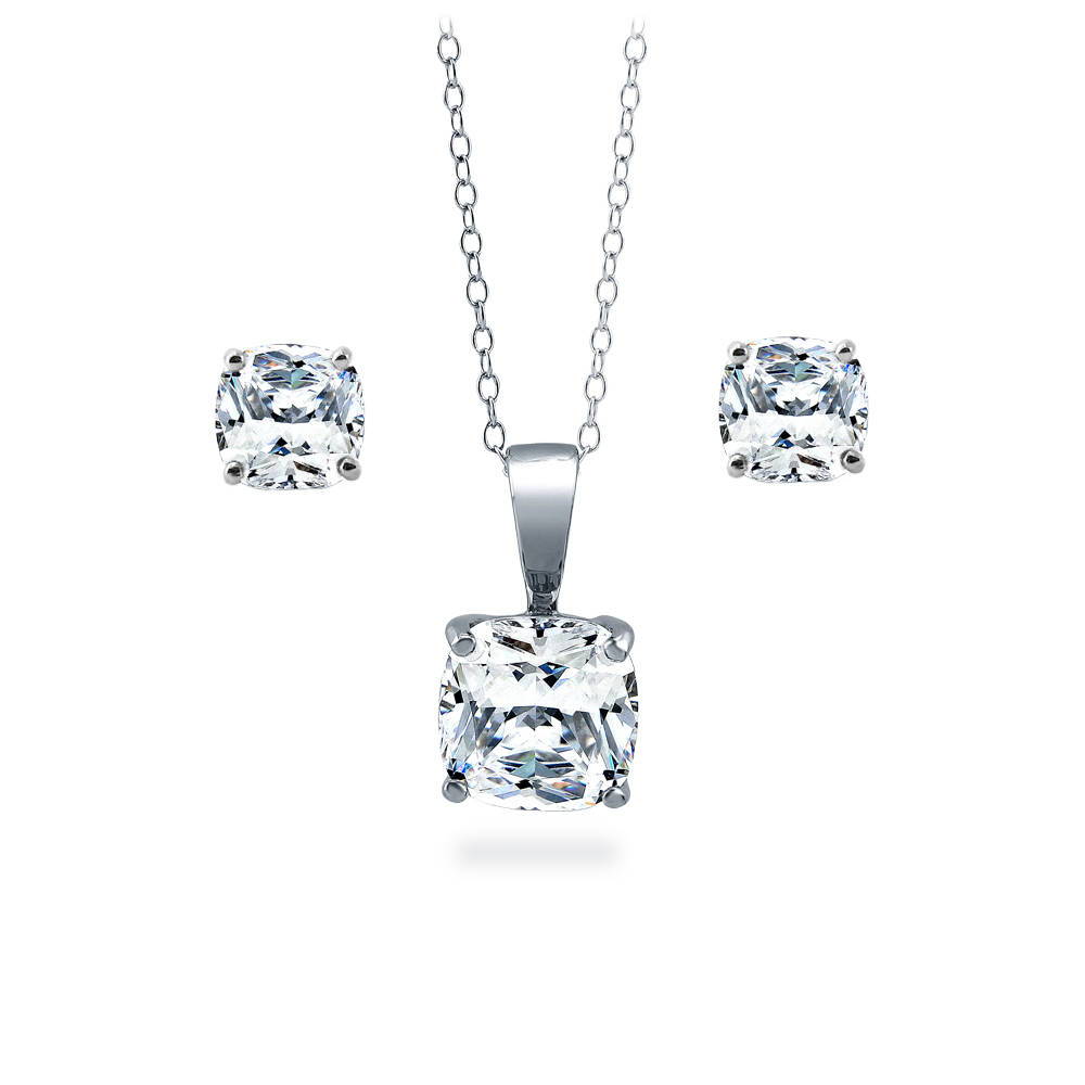 Solitaire Cushion CZ Necklace and Earrings Set in Sterling Silver, 1 of 10