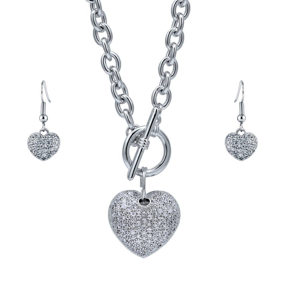 Heart CZ Necklace and Earrings Set in Silver-Tone, 1 of 12