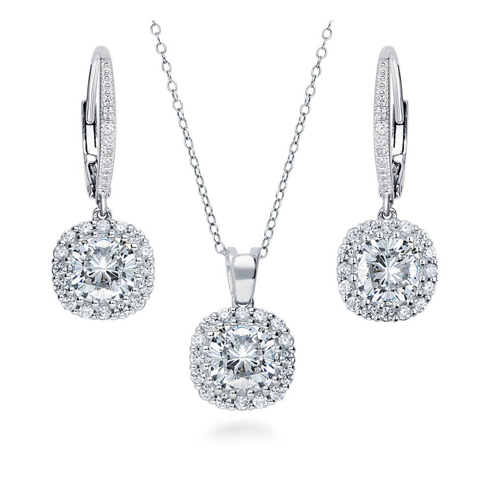 Halo Cushion CZ Necklace and Earrings Set in Sterling Silver, 1 of 11