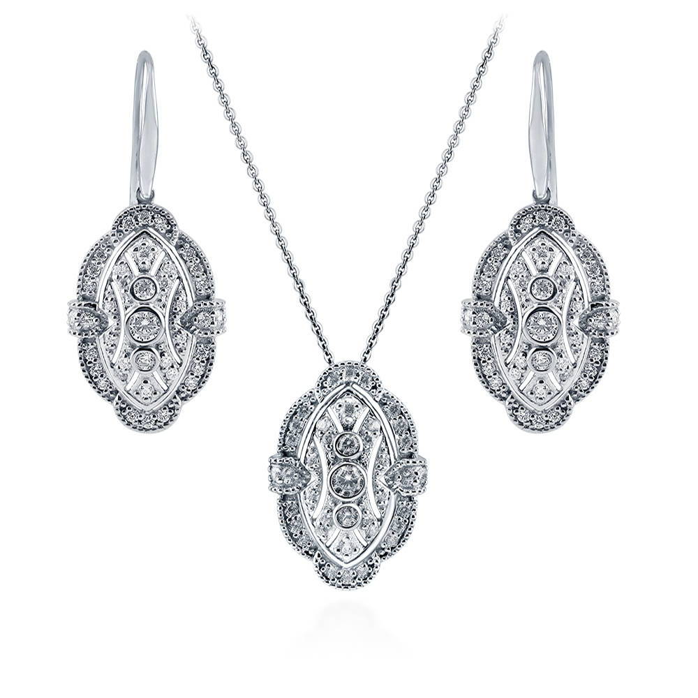 Art Deco Milgrain CZ Necklace and Earrings Set in Sterling Silver