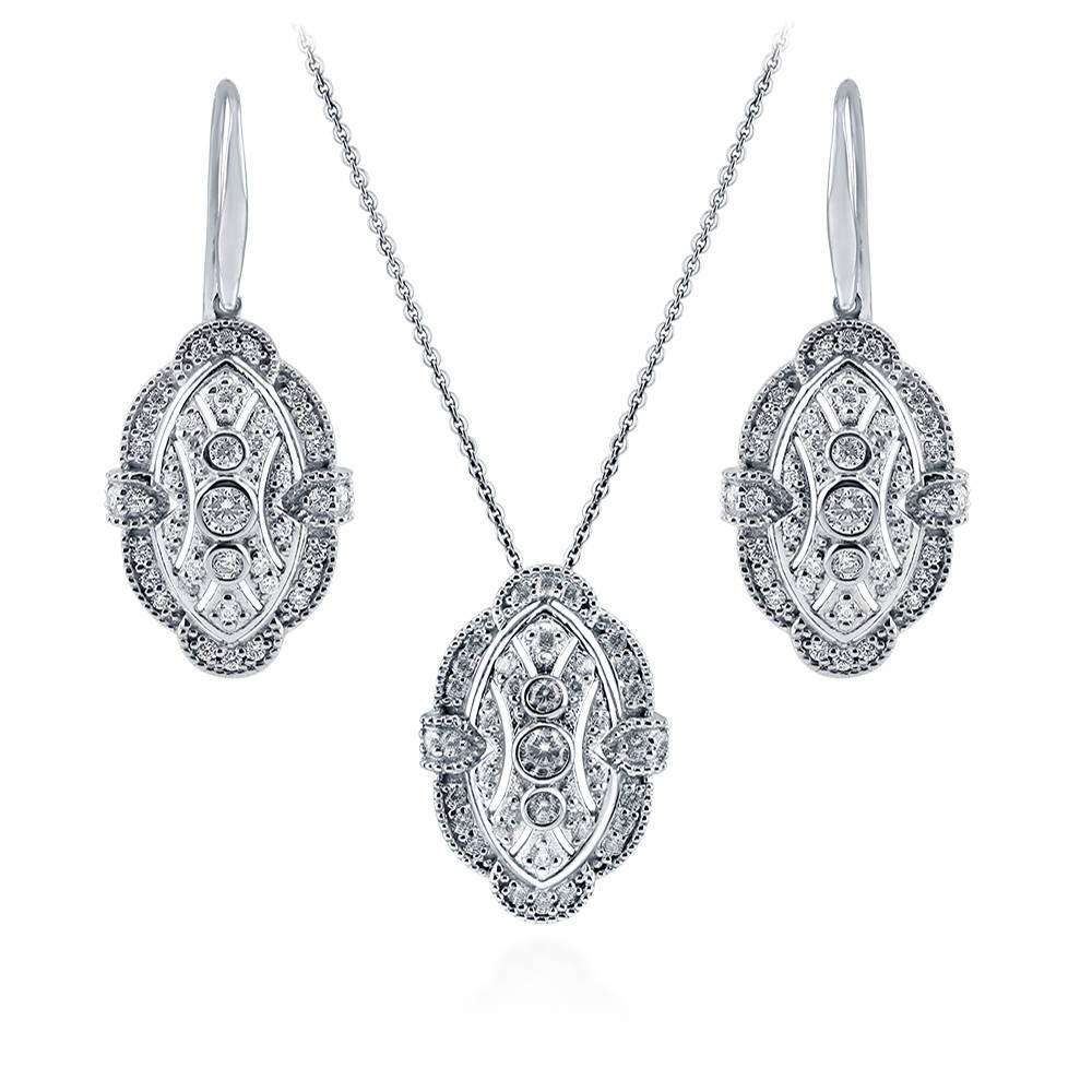 Art Deco Milgrain CZ Necklace and Earrings Set in Sterling Silver, 1 of 10