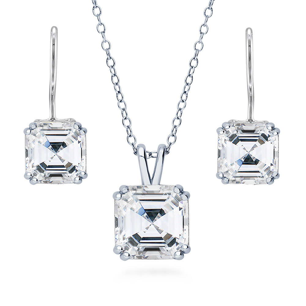 Solitaire Asscher CZ Necklace and Earrings Set in Sterling Silver, 1 of 17
