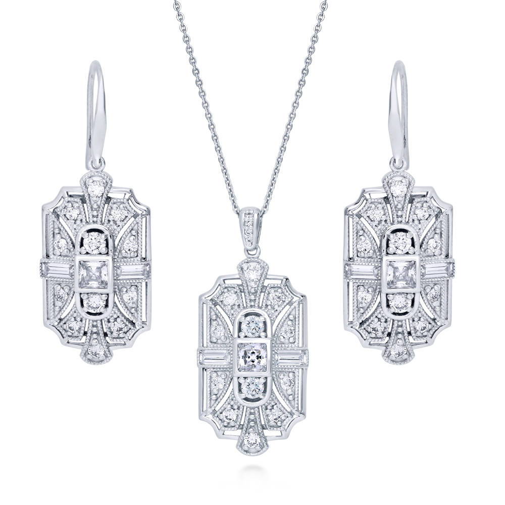Art Deco Milgrain CZ Necklace and Earrings Set in Sterling Silver, 1 of 14