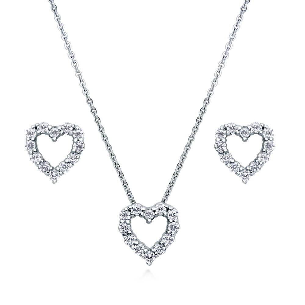 Open Heart CZ Necklace and Earrings in Sterling Silver