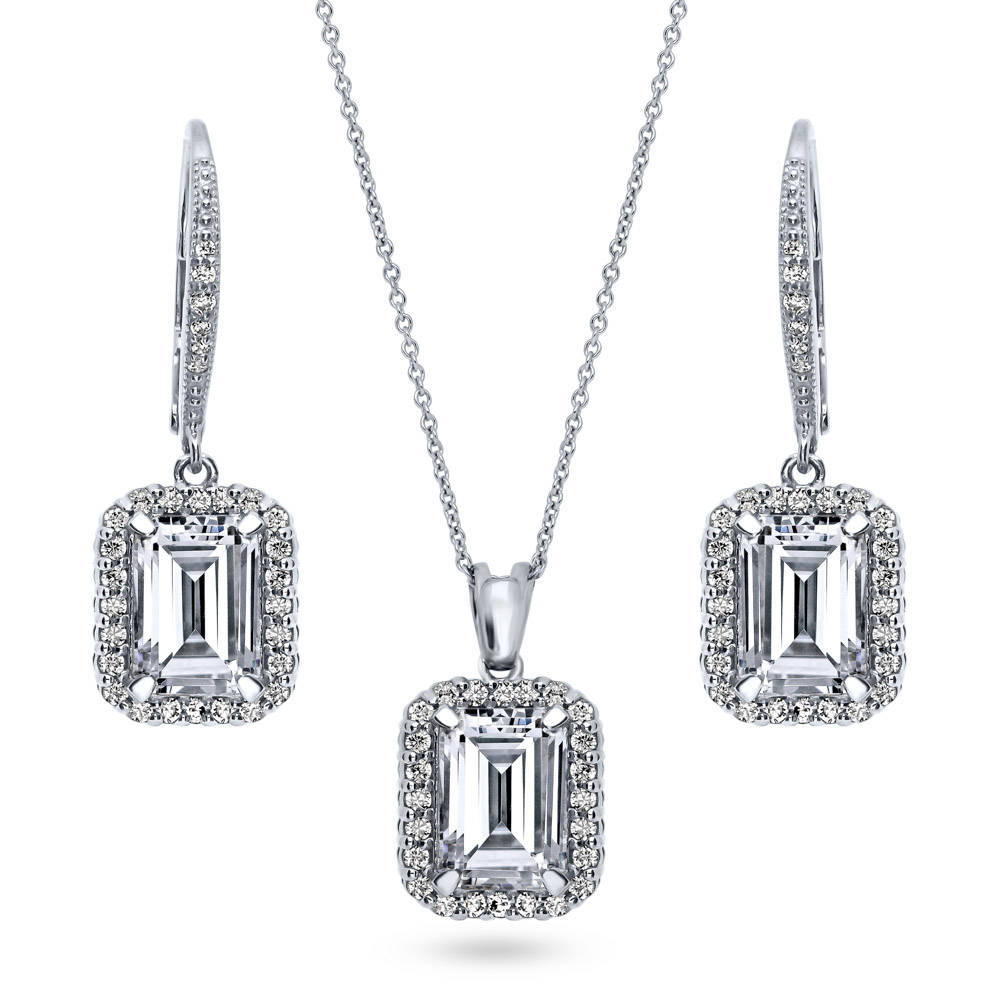 Halo Emerald Cut CZ Necklace and Earrings Set in Sterling Silver, 1 of 11