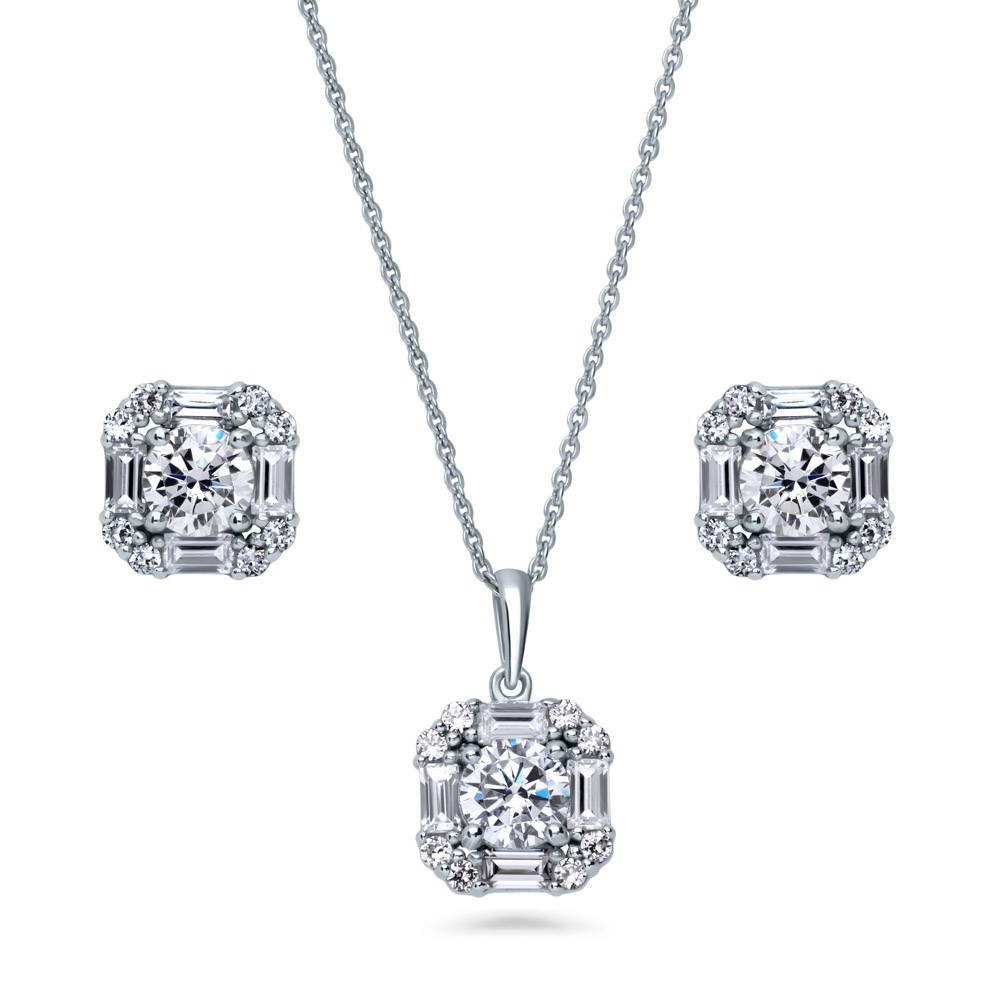 Halo Art Deco Round CZ Necklace and Earrings Set in Sterling Silver