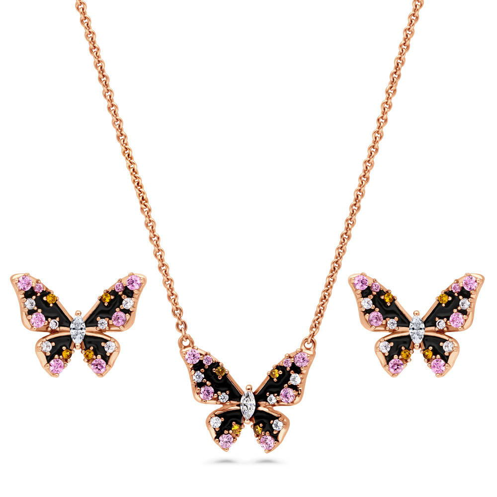 Butterfly Enamel CZ Set in Rose Gold Flashed Sterling Silver