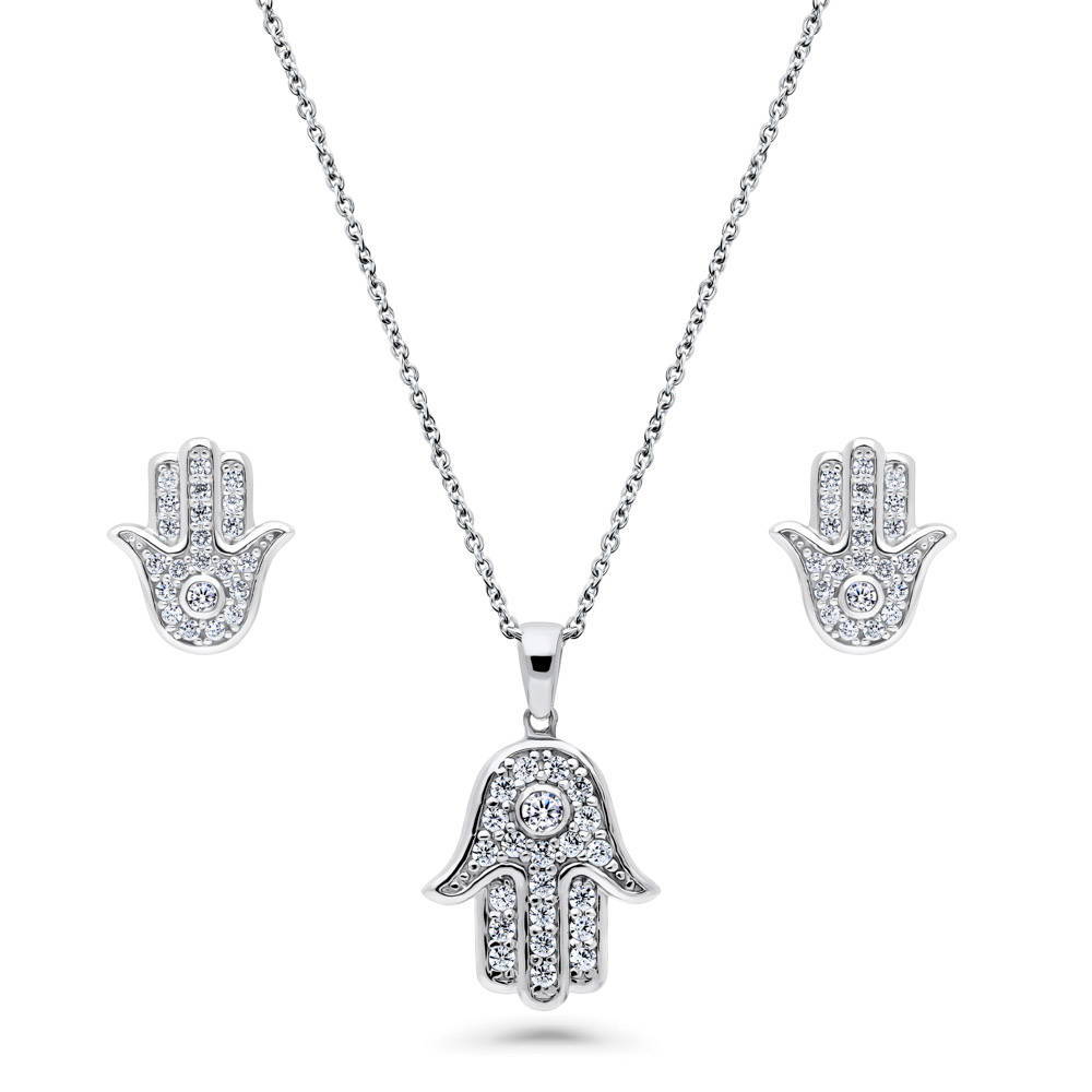 Hamsa Hand CZ Necklace and Earrings in Sterling Silver