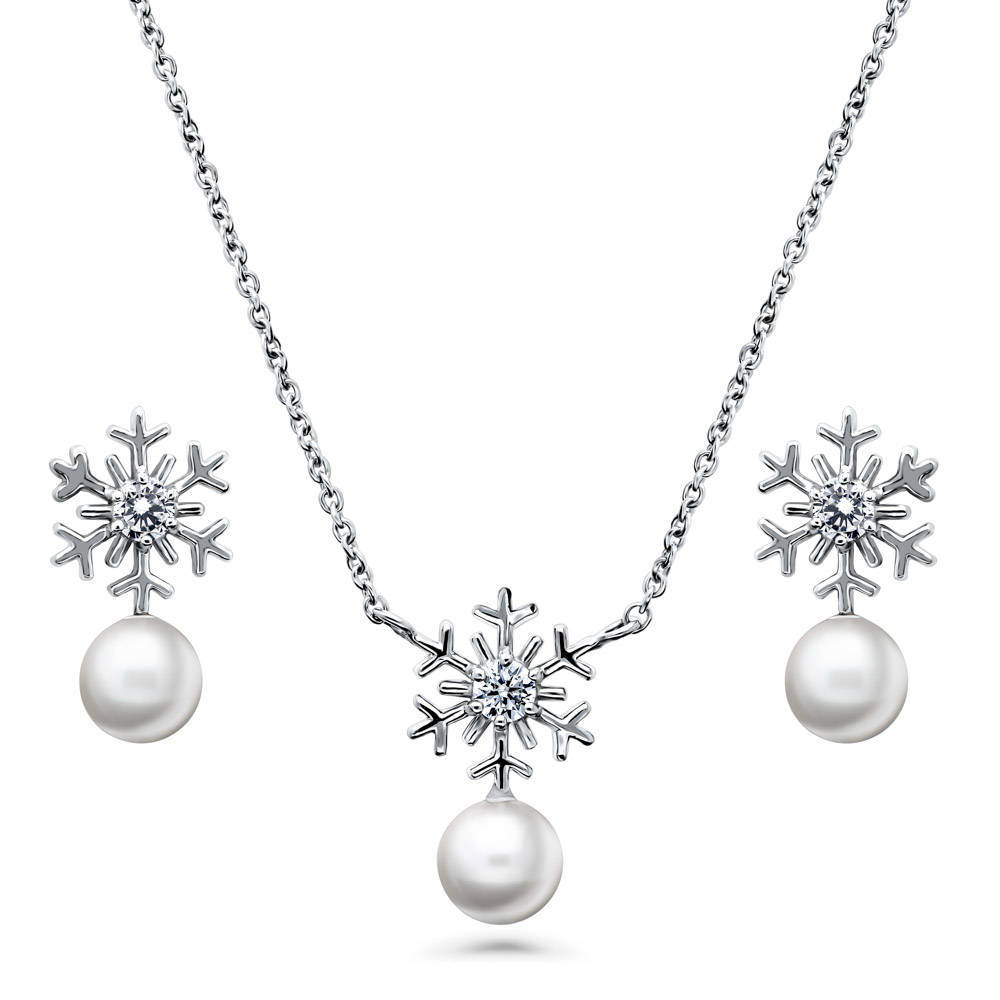 Snowflake CZ Necklace and Earrings Set in Sterling Silver