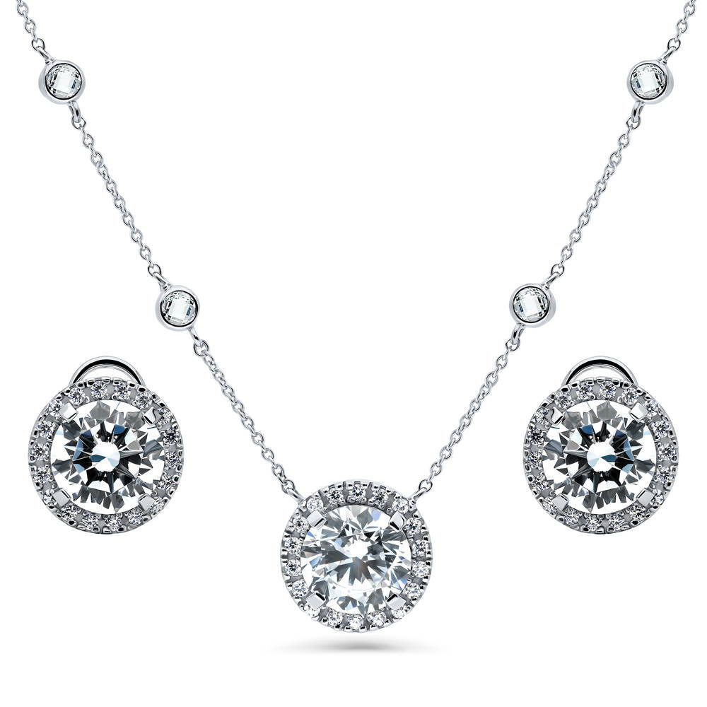 Halo Round CZ Necklace and Earrings Set in Sterling Silver