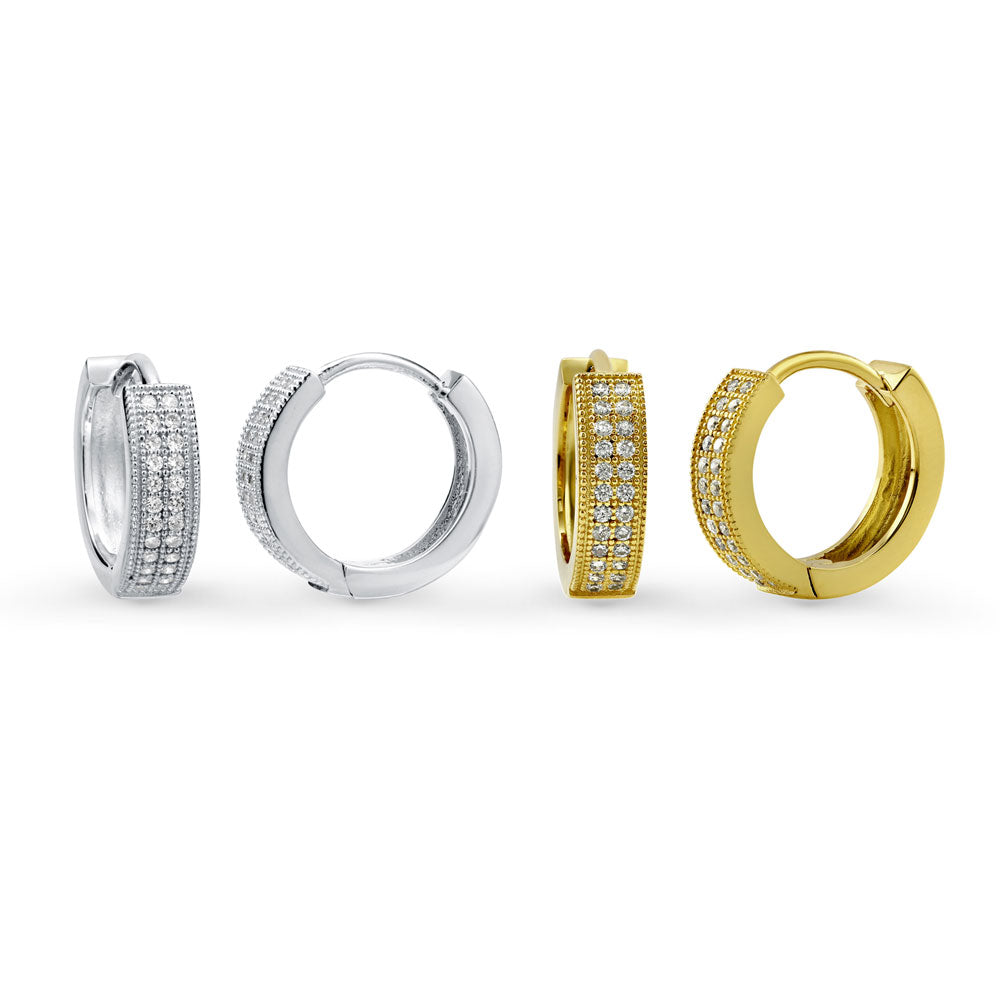 Milgrain CZ Huggie Earrings in Sterling Silver 0.6", 2 Pairs