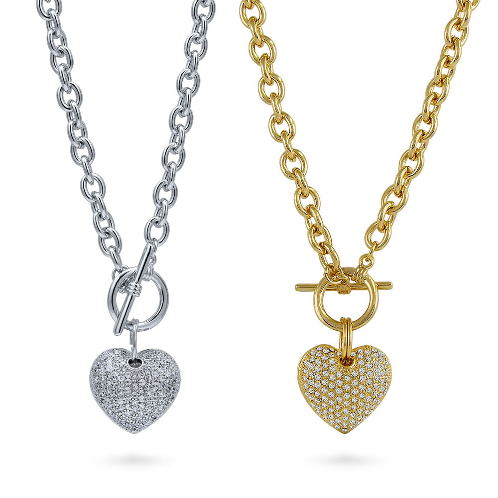 Heart CZ Toggle Pendant Necklace in 2-Tone, 2 Piece