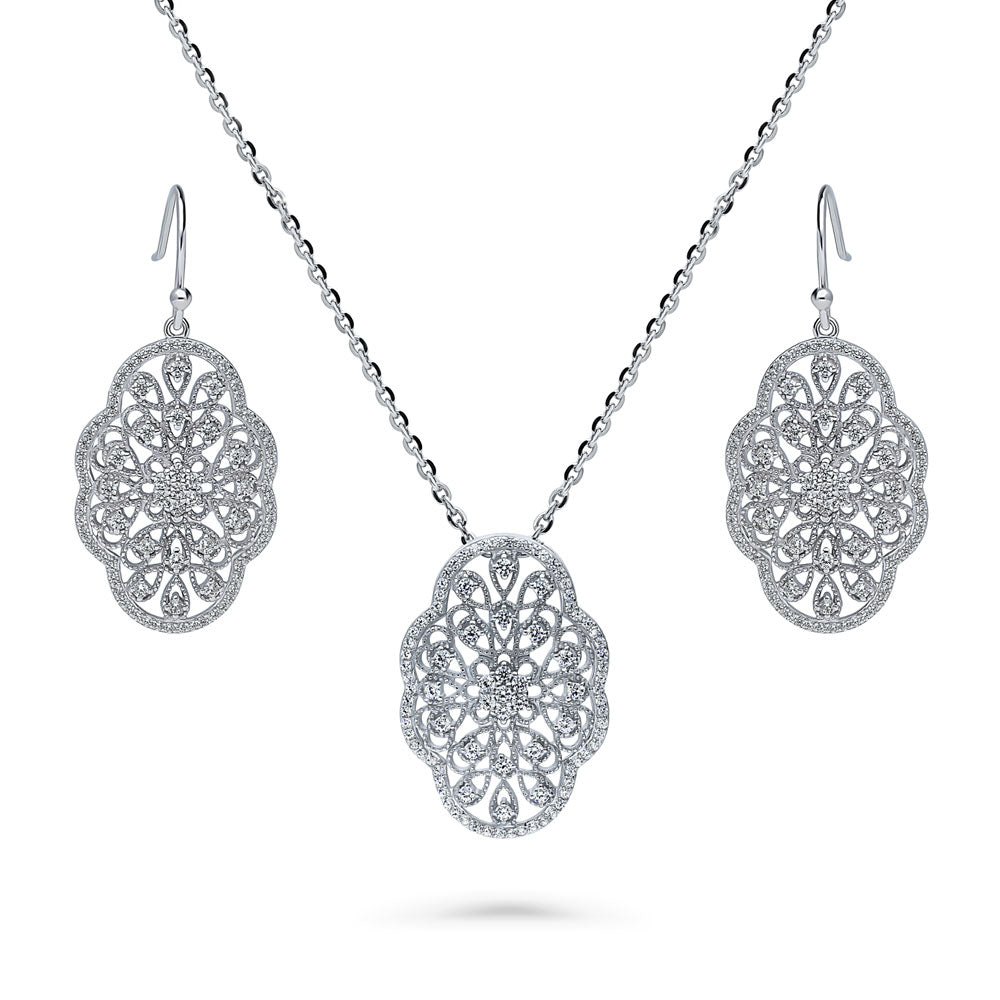 Flower Art Deco CZ Necklace and Earrings Set in Sterling Silver, 1 of 13