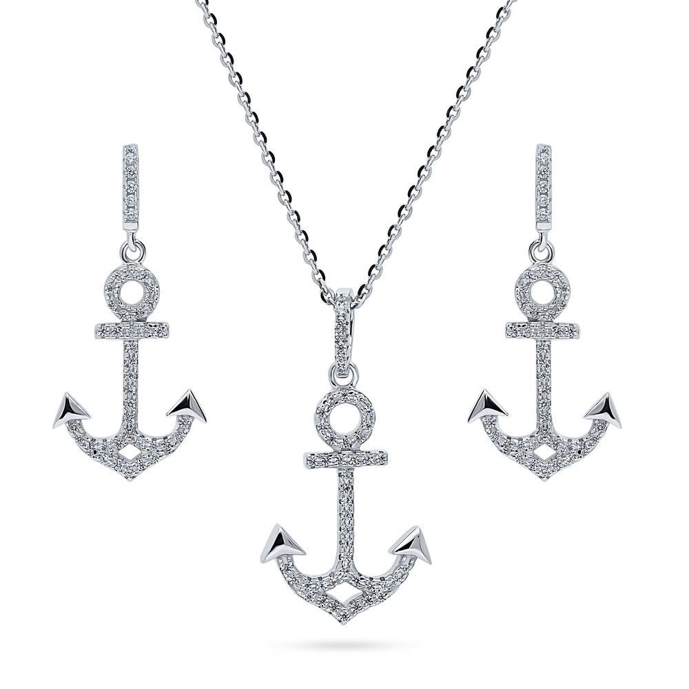 Anchor CZ Necklace and Earrings Set in Sterling Silver, 1 of 9