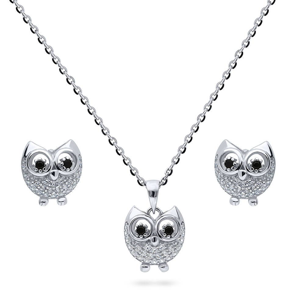 Owl CZ Necklace and Earrings Set in Sterling Silver