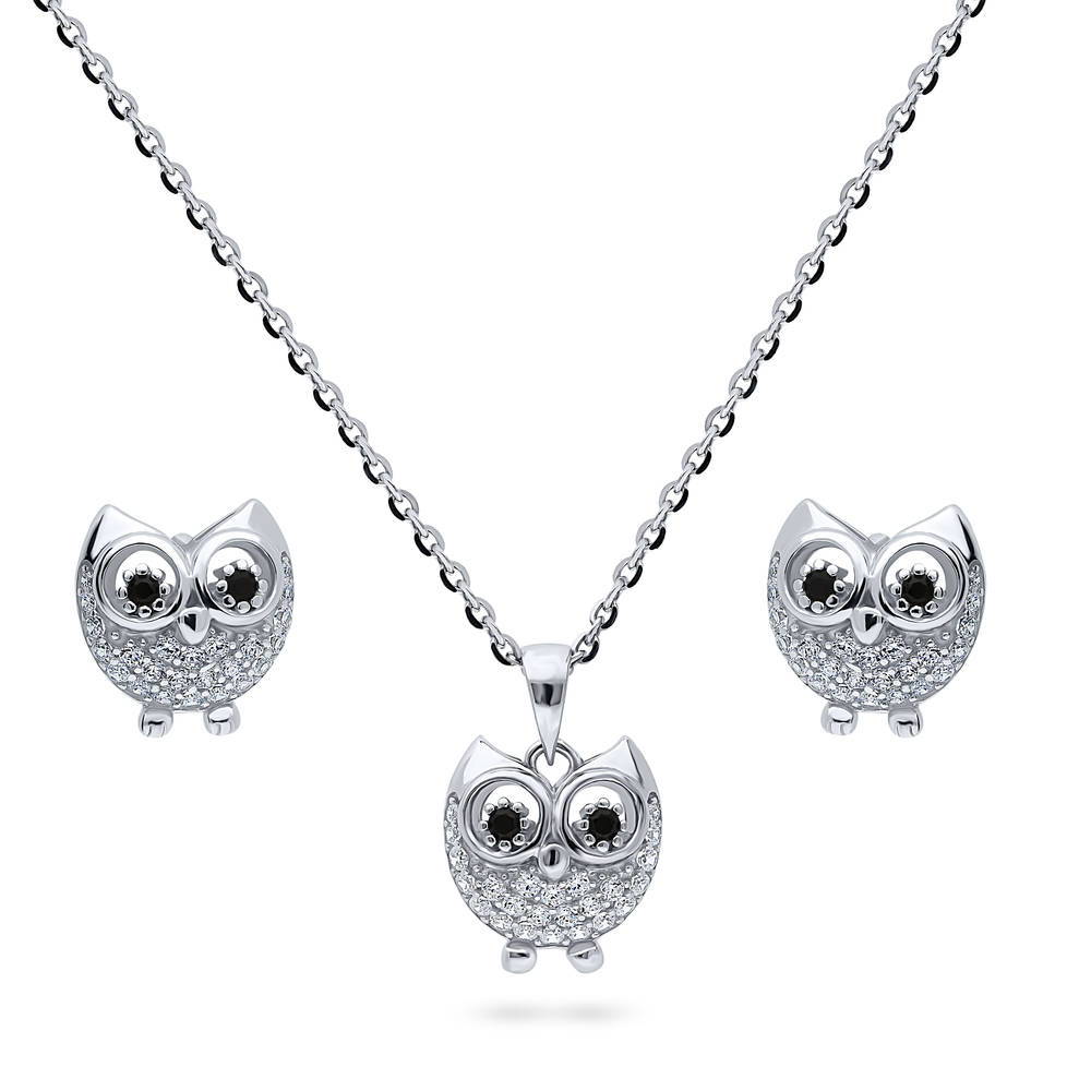 Owl CZ Necklace and Earrings Set in Sterling Silver, 1 of 9