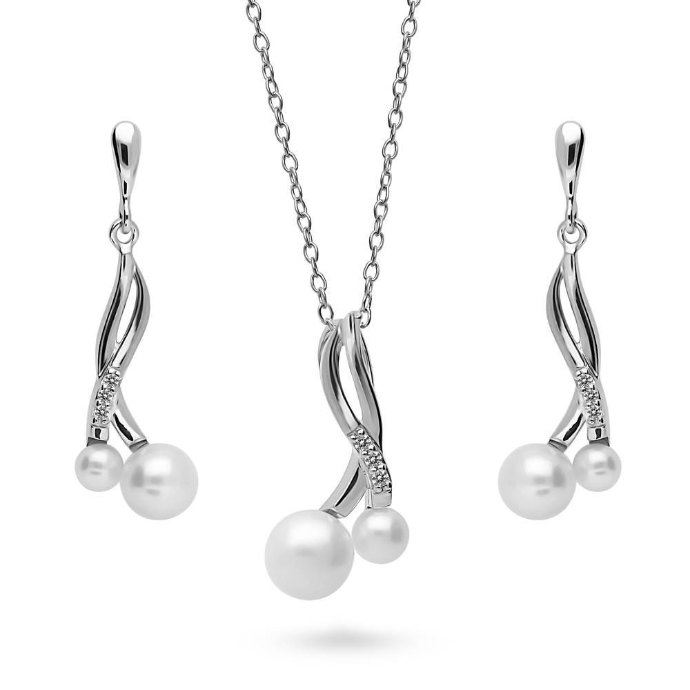 Infinity White Button Cultured Pearl Set in Sterling Silver