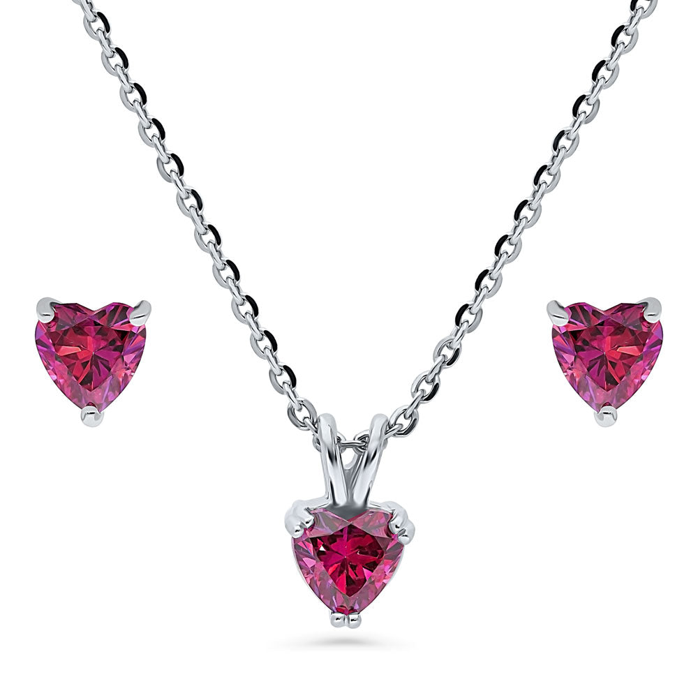 Heart Solitaire Red CZ Necklace and Earrings Set in Sterling Silver