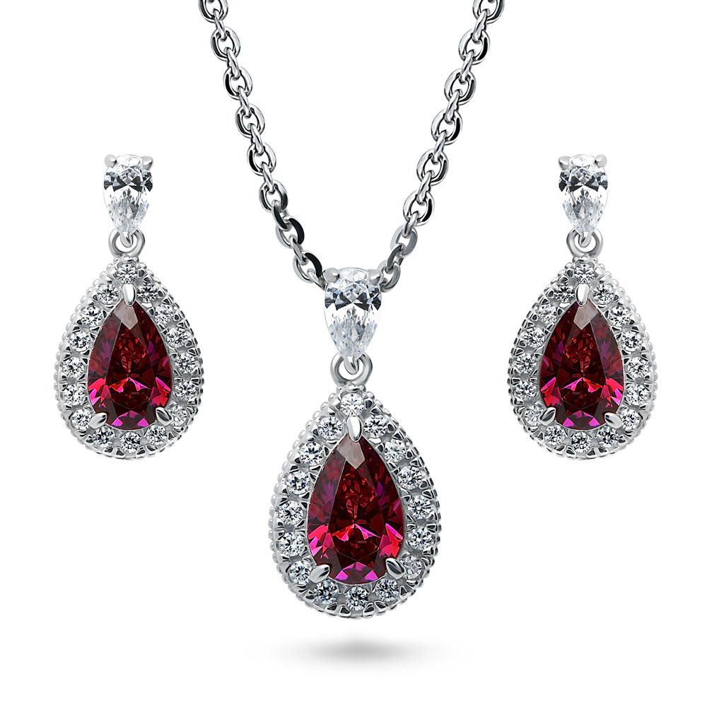 Halo Red Pear CZ Necklace and Earrings Set in Sterling Silver, 1 of 10