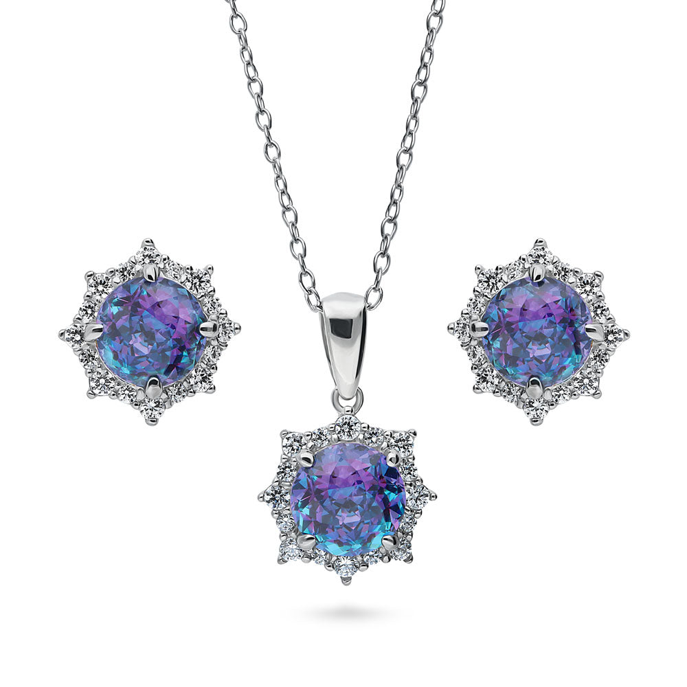 Halo Kaleidoscope Purple Aqua Round CZ Set in Sterling Silver