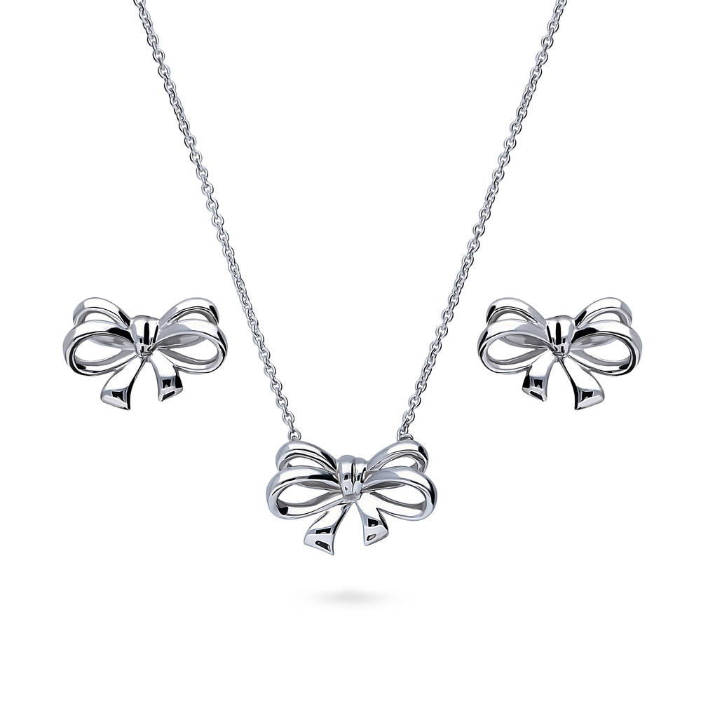 Bow Tie Ribbon Necklace and Earrings Set in Sterling Silver