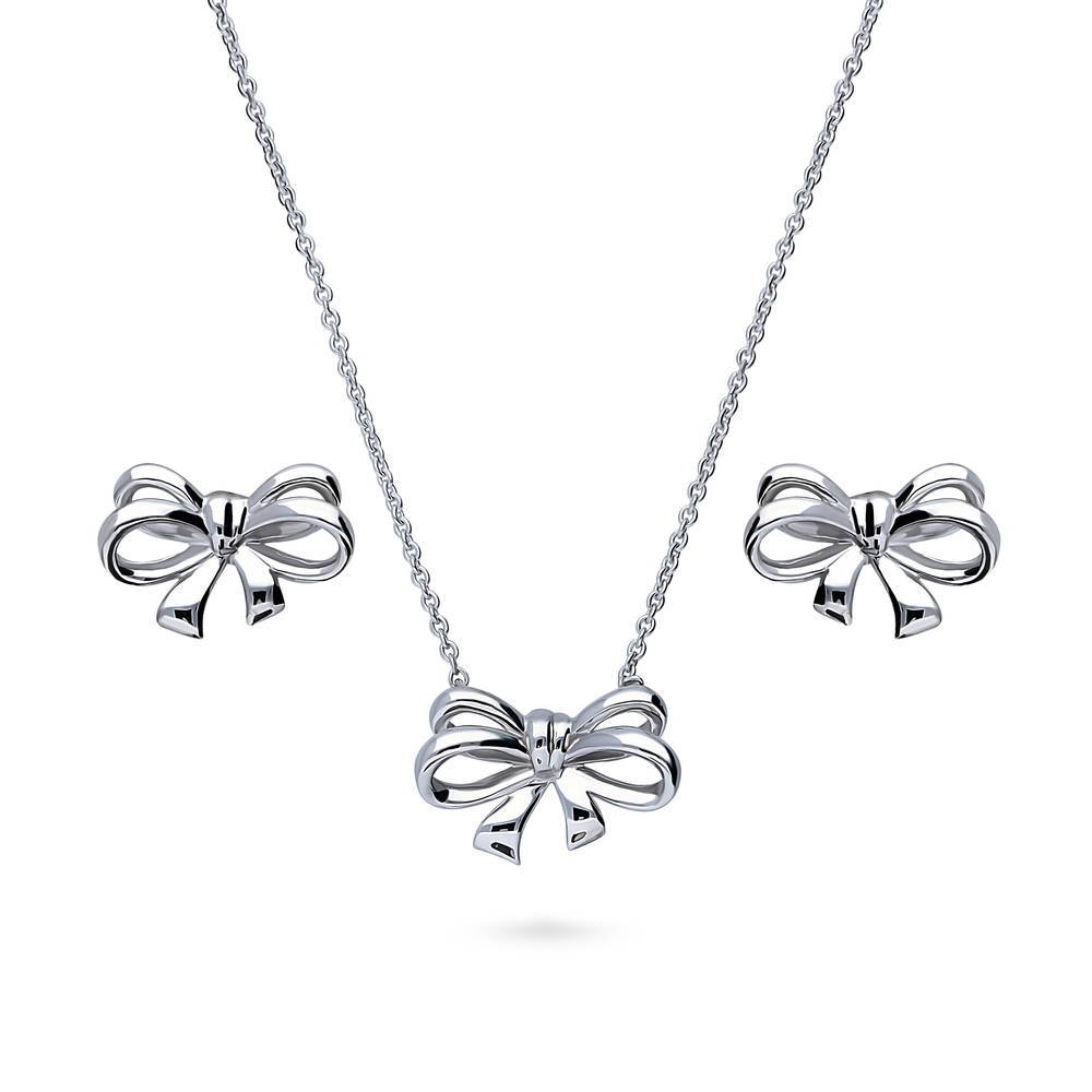 Bow Tie Ribbon Necklace and Earrings Set in Sterling Silver, 1 of 10