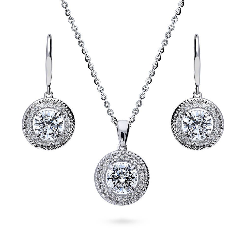 Cable Halo CZ Necklace and Earrings Set in Sterling Silver