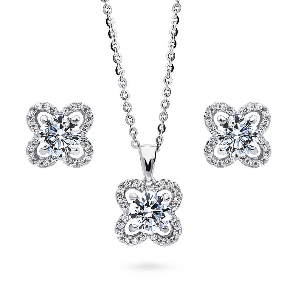 Flower Halo CZ Necklace and Earrings Set in Sterling Silver