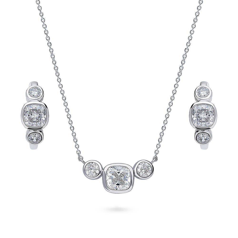 3-Stone Cushion CZ Necklace and Hoop Earrings Set in Sterling Silver, 1 of 11