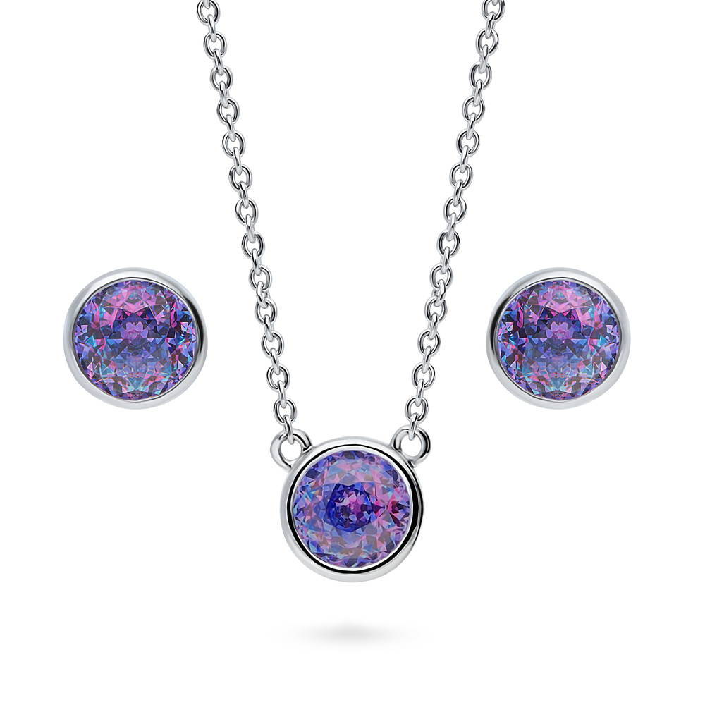 Solitaire Purple Aqua Bezel Set Round CZ Set in Sterling Silver