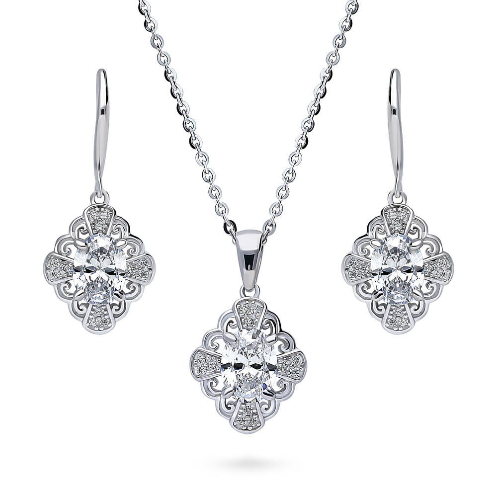 Flower Halo CZ Necklace and Earrings Set in Sterling Silver