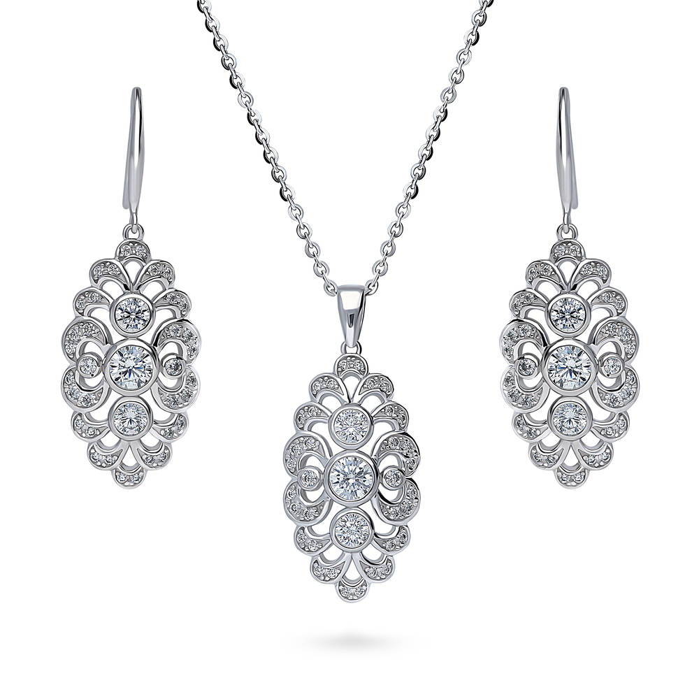 Navette Art Deco CZ Necklace and Earrings Set in Sterling Silver, 1 of 12