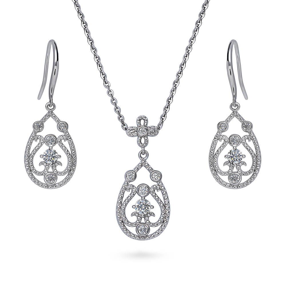 Art Deco Milgrain CZ Necklace and Earrings Set in Sterling Silver